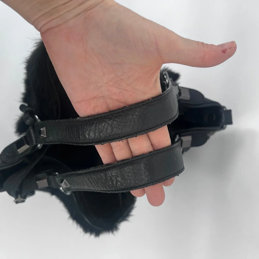 Abro‎ Black Leather & Faux Fur Studded Slouchy Shoulder Bag Dark Edgy Mob Wife